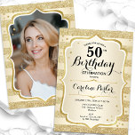 Invitación Elegante foto simple de oro 50 cumpleaños<br><div class="desc">Elegante invitación femenina de 50 años con tu foto al fondo de la tarjeta. Diseño de vidrio con oro falso purpurina. Presenta bandas doradas, fuente de guión y confeti. Perfecto para un elegante fiesta de celebración de cumpleaños. Personaliza con tus propios detalles. ¡Se puede personalizar para cualquier edad! Invitaciones Zazzle...</div>