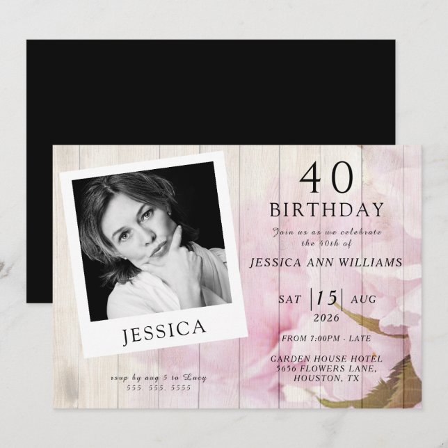 Invitación Elegante foto sofisticada cumpleaños femenino (Anverso / Reverso)