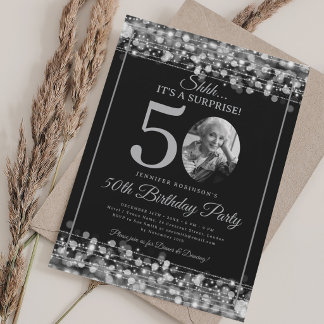 Invitación Elegante FOTO Sorpresa 50 cumpleaños Plata Glam