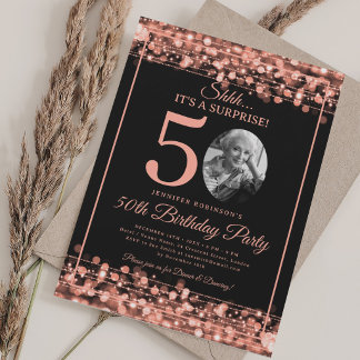 Invitación Elegante FOTO Sorpresa Cumpleaños 50 Rosa Dorado
