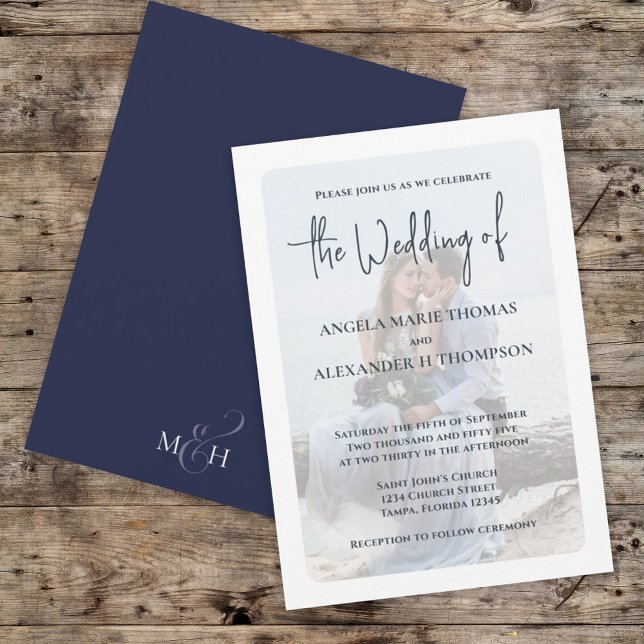 Invitación Elegante foto superpuesta simple marina Minimalist (Simple navy blue wedding photo invitations)