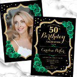 Invitación Elegante foto verde oro negro 50 cumpleaños<br><div class="desc">Elegante invitación floral de 50 años con tu foto al fondo de la tarjeta. Diseño de color negro y verde esmeralda con oro falso purpurina. Incluye rosas verdes, tipo de letra de guión y confeti. Perfecto para un elegante fiesta de celebración de cumpleaños. Personaliza con tus propios detalles. ¡Se puede...</div>