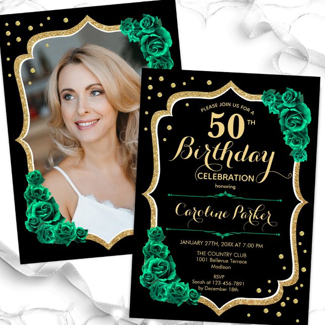 Invitación Elegante foto verde oro negro 50 cumpleaños (Subido por el creador)