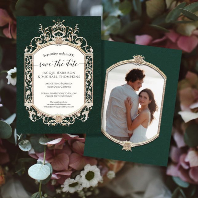 Invitación Elegante foto victoriana de esmeralda y oro (Subido por el creador)