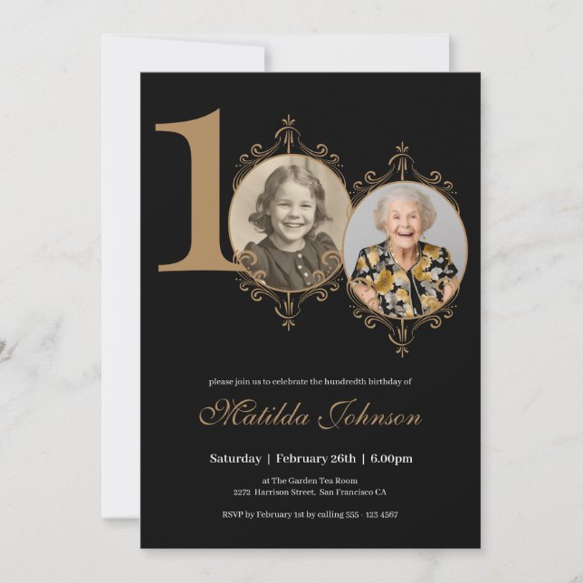Invitación Elegante fotograma Oro Negro 100 cumpleaños (Anverso)