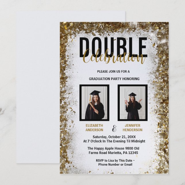 Invitación Elegante Fotos de la Fiesta de Graduación de Doble (Anverso / Reverso)