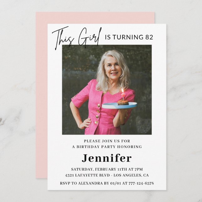 Invitación Elegante Fotos divertidas rosadas 82 cumpleaños (Anverso / Reverso)