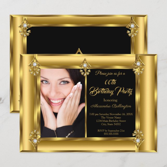 Invitación Elegante Fotos Fiesta de cumpleaños Diamante de Or (Anverso / Reverso)