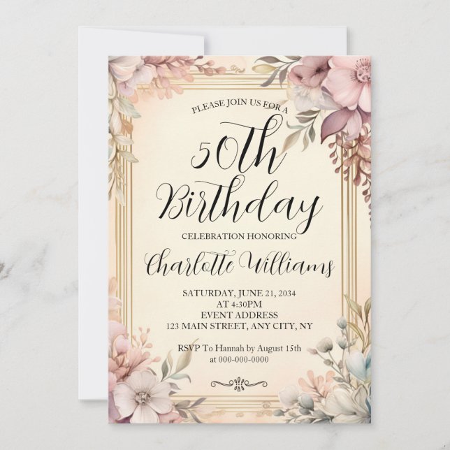 Invitación Elegante Frame Floral Mujeres 50 cumpleaños (Anverso)
