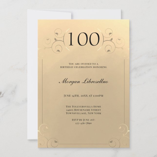 Invitación Elegante Frame Gold 100 cumpleaños (Anverso)