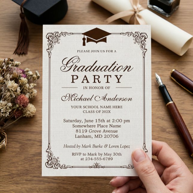 Invitación Elegante Frame Ivory Linen Graduation Party (Subido por el creador)