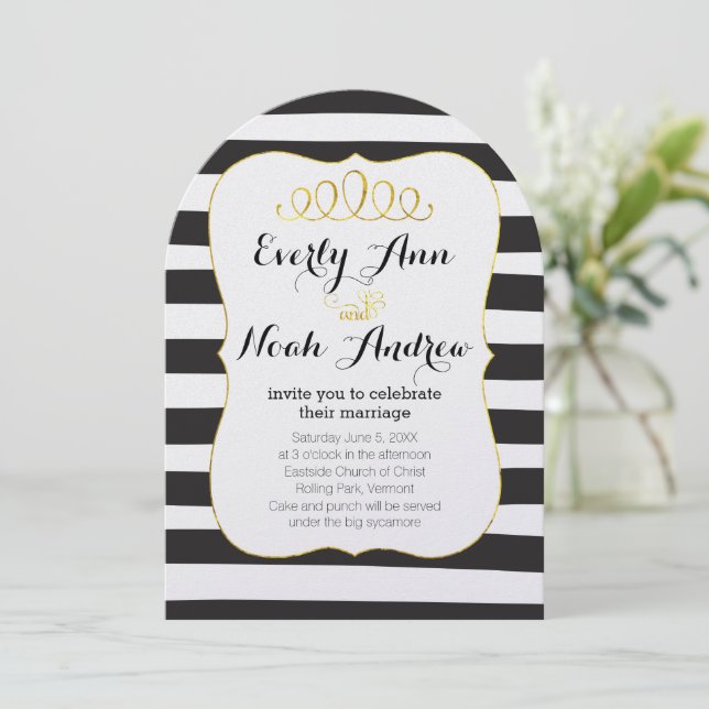 Invitación Elegante franja blanca y negra con Boda de oro (Anverso de pie)
