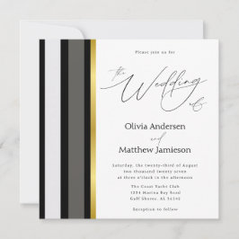 Invitación Elegante Franja Cuadrada Negra Gris Dorada Boda