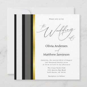Invitación Elegante Franja Cuadrada Negra Gris Dorada Boda
