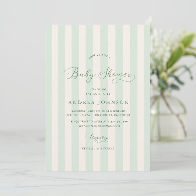Invitación Elegante franjas verdes género Baby Shower neutral (Anverso de pie)