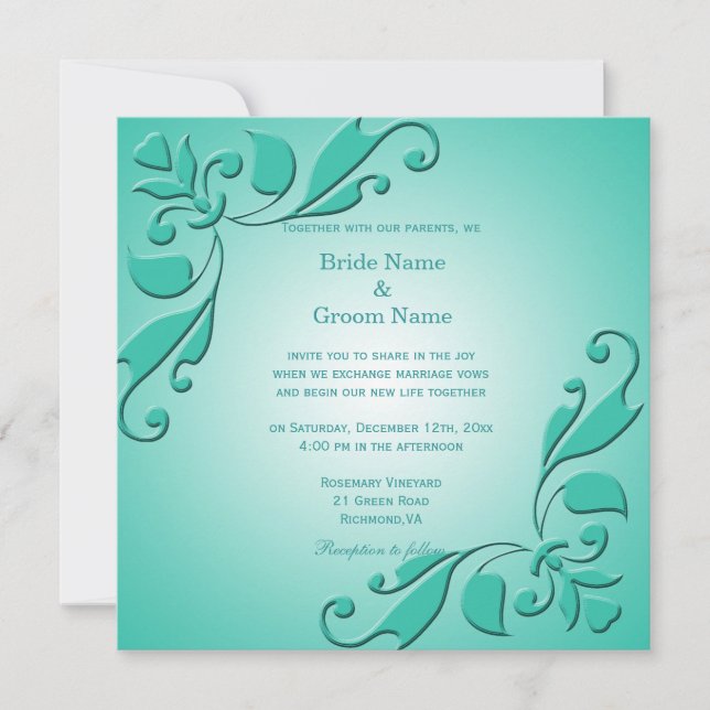 Invitación Elegante, fresco, verde azulado decorativo boda fl (Anverso)