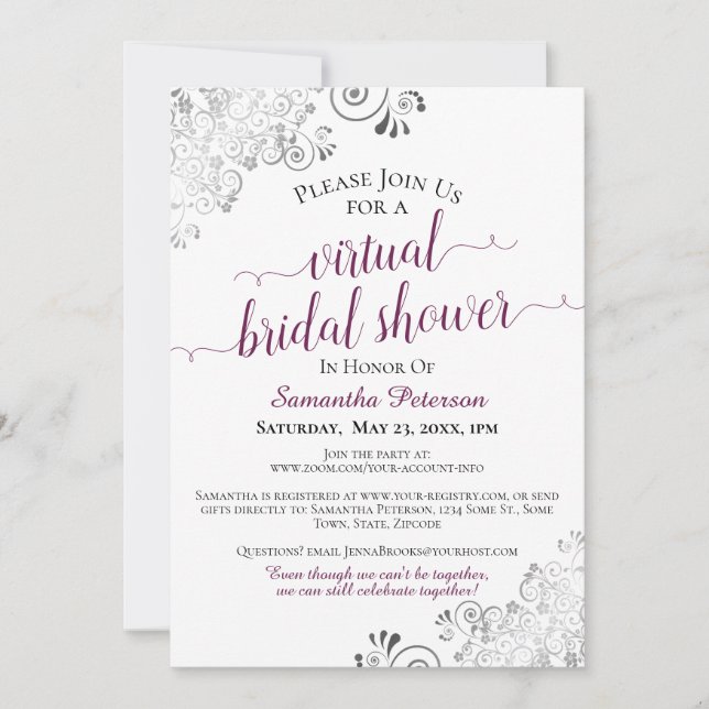 Invitación Elegante Frilly Cassis Ducha Bridal Virtual Blanca (Anverso)