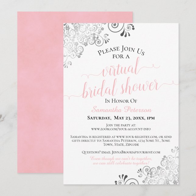Invitación Elegante Frily ducha de novia virtual rosa y blanc (Anverso / Reverso)