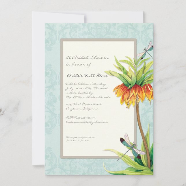 Invitación Elegante Fritillaria Dragonfly Floral Bridal Ducha (Anverso)