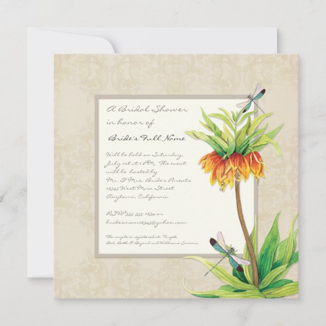 Invitación Elegante Fritillaria y ducha de novia Dragonfly (Anverso)