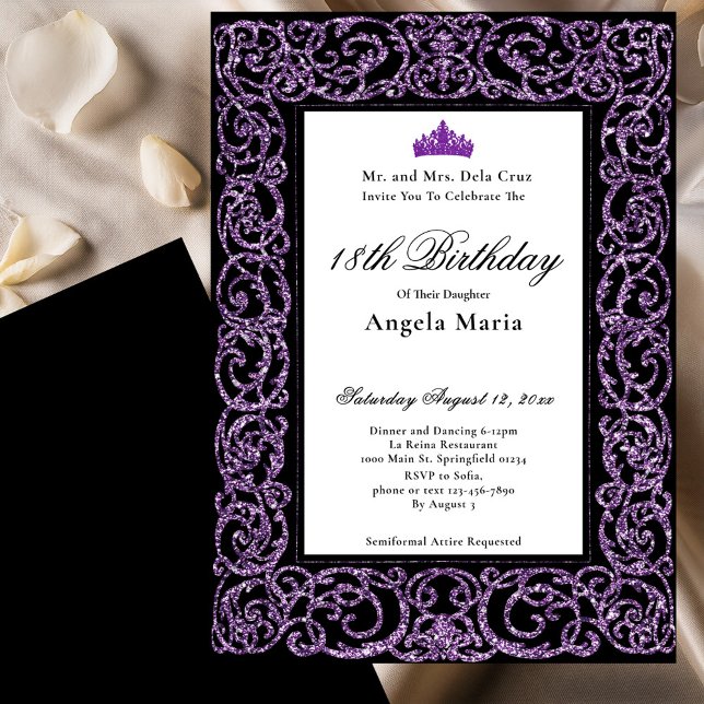 Invitación Elegante frontera morada debut cumpleaños 18 (Subido por el creador)