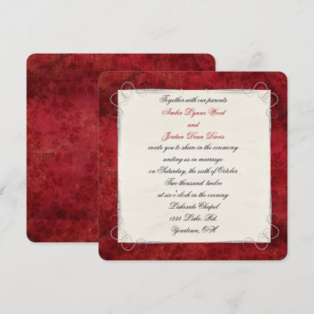 Invitación Elegante frontera roja (Anverso / Reverso)