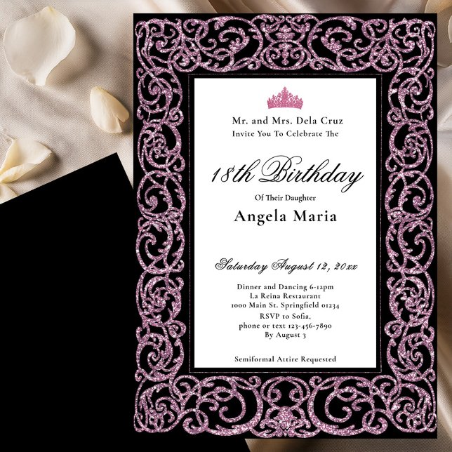 Invitación Elegante frontera rosa debut cumpleaños 18 (Subido por el creador)