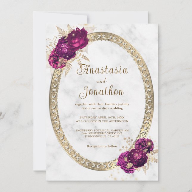 Invitación Elegante Fuchsia Boda con marco de oro floral rosa (Anverso)