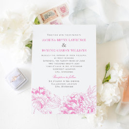 Invitación Elegante Fuchsia Boda de peonía floral rosa y gris