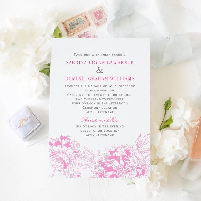 Invitación Elegante Fuchsia Boda de peonía floral rosa y gris (Subido por el creador)
