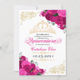 Invitación Elegante Fuchsia Floral Rosa Quinceanera Cumpleaño