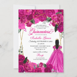 Invitación Elegante Fuchsia Floral Rosa Quinceanera Cumpleaño