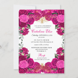 Invitación Elegante Fuchsia Floral Rosa Quinceanera Cumpleaño