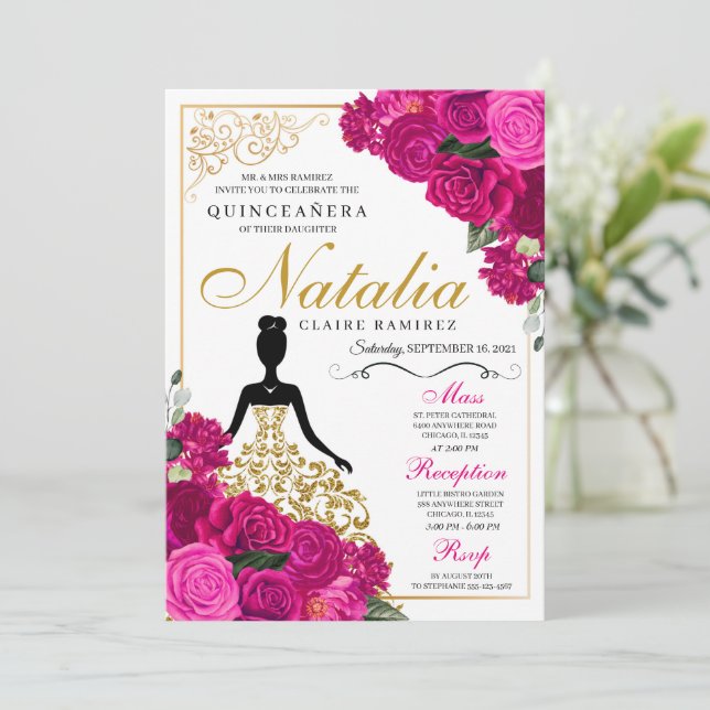 Invitación Elegante Fuchsia Floral Rosa Quinceanera Cumpleaño (Anverso de pie)