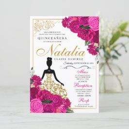 Invitación Elegante Fuchsia Floral Rosa Quinceanera Cumpleaño