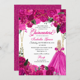 Invitación Elegante Fuchsia Floral Rosa Quinceanera Cumpleaño