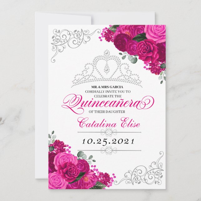 Invitación Elegante Fuchsia Plata Rosa Floral Quinceanera (Anverso)