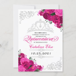 Invitación Elegante Fuchsia Plata Rosa Floral Quinceanera