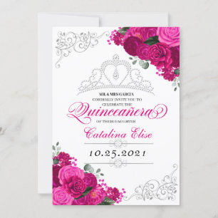 Invitación Elegante Fuchsia Plata Rosa Floral Quinceanera