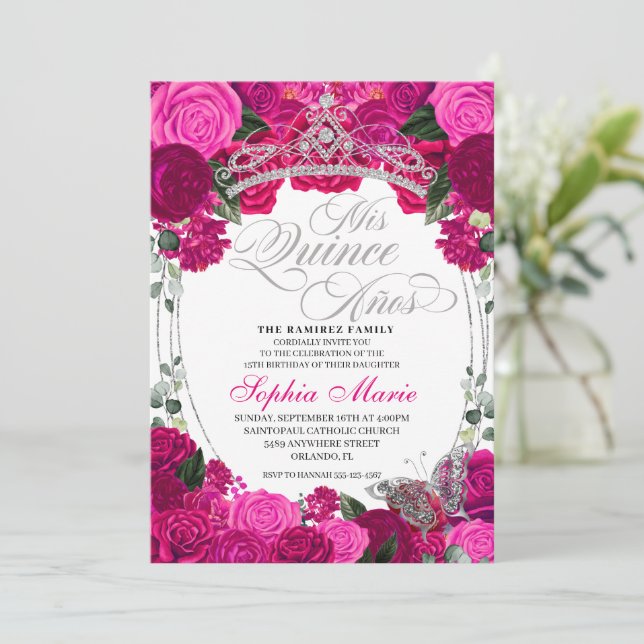 Invitación Elegante Fuchsia Plata Rosa Floral Quinceanera (Anverso de pie)