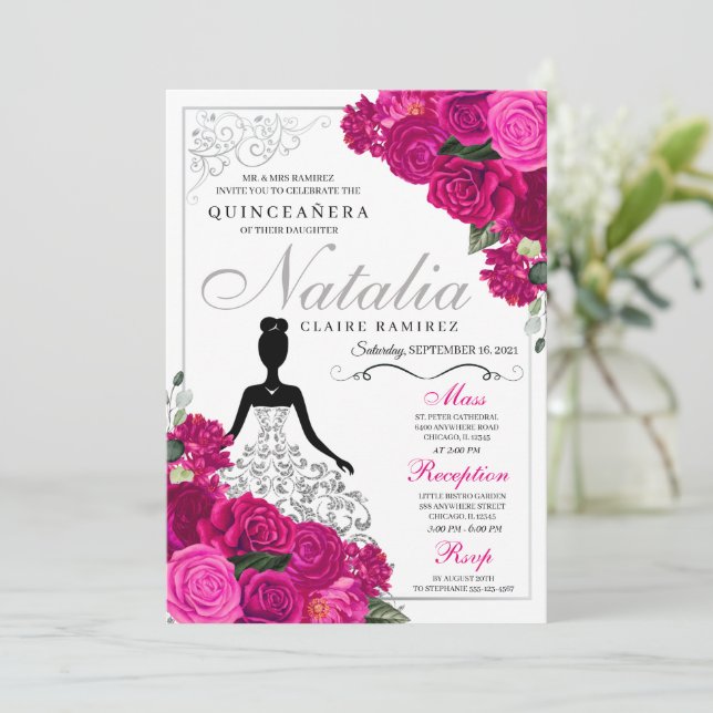 Invitación Elegante Fuchsia Plata Rosa Floral Quinceanera (Anverso de pie)