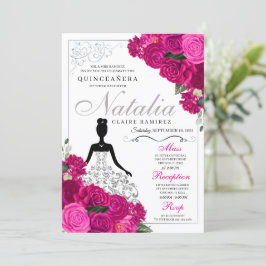 Invitación Elegante Fuchsia Plata Rosa Floral Quinceanera