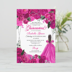 Invitación Elegante Fuchsia Plata Rosa Floral Quinceanera Inv