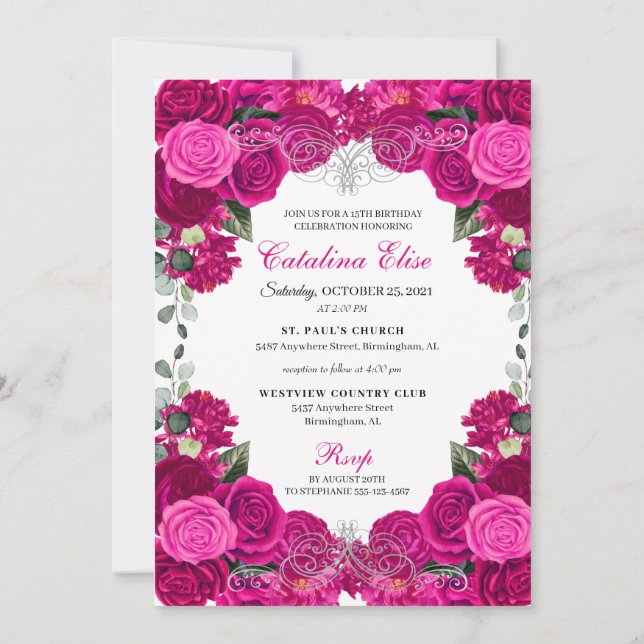 Invitación Elegante Fuchsia Plata Rosa Quinceanera floral en (Reverso)
