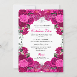 Invitación Elegante Fuchsia Plata Rosa Quinceanera floral en