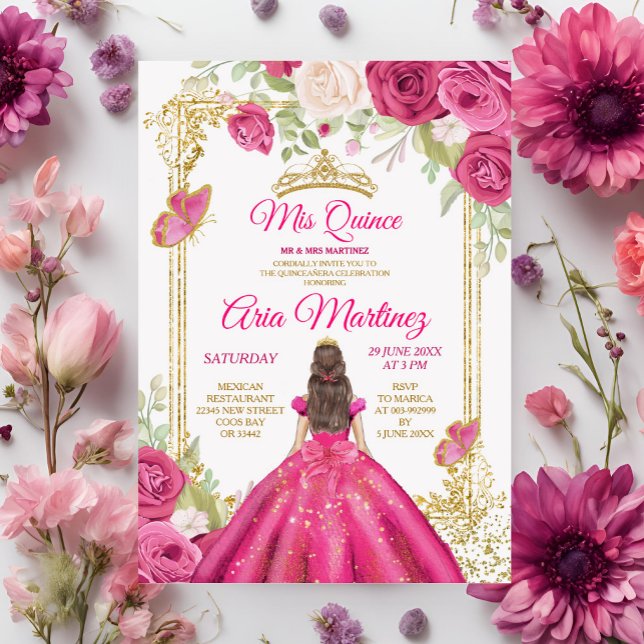 Invitación Elegante Fuchsia Vestidos Florales Rosa Mis Quince (Subido por el creador)