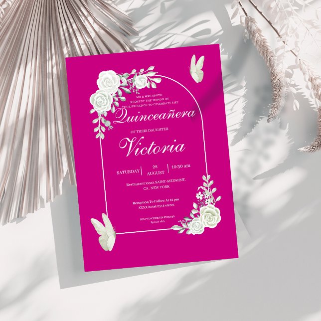 Invitación Elegante Fuchsia White Roses Mariposa Quinceañera (Subido por el creador)