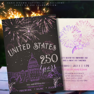Invitación Elegante Fuegos Artificiales US 250 Años Púrpura C