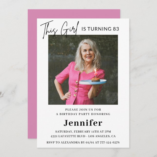 Invitación Elegante Fun Pink Photo 83 cumpleaños (Anverso / Reverso)
