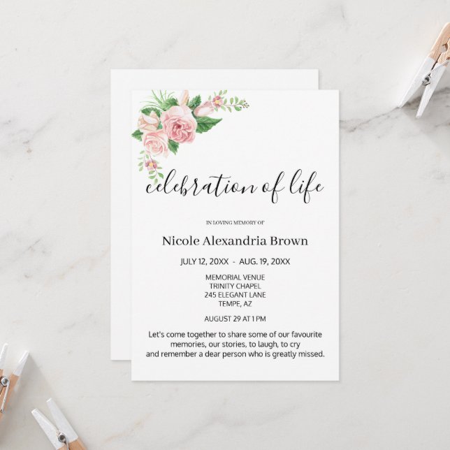 Invitación Elegante Funeral De Celebración Con Gusto De Flore (Anverso/Reverso In Situ)